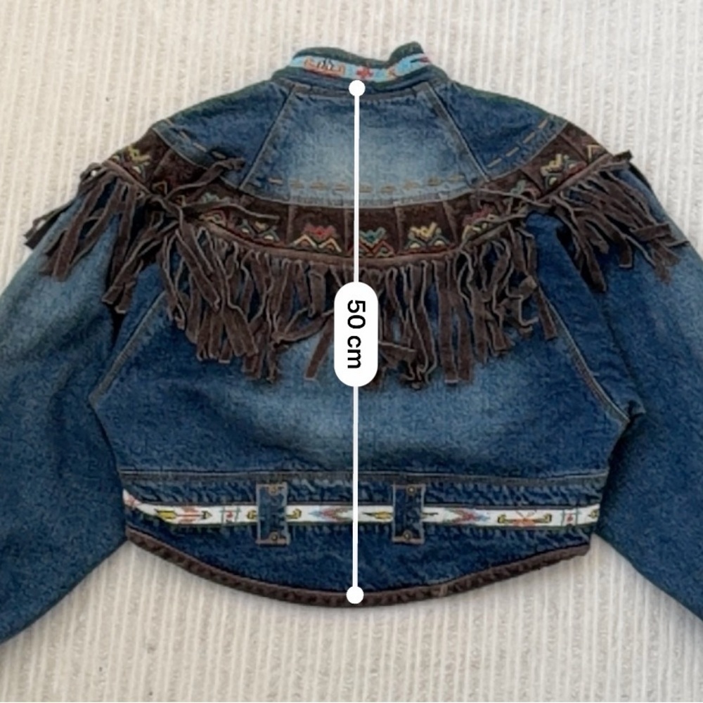 Vintage NO JEANS Suede Fringe Western Cropped Denim Jean Jacket | Size M - Picture 9 of 9